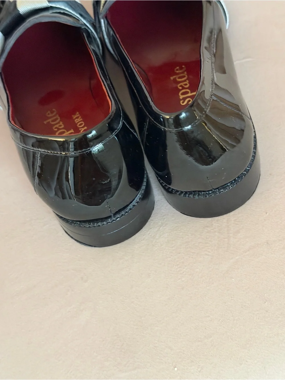 kate spade Leandra Black Patent Leather Loafers w/ Gray & Black Bow RETAIL $198